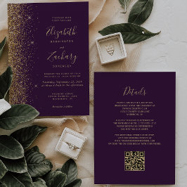 Invitación Boda con Código QR de Purpurina Dorada Falsa Morad