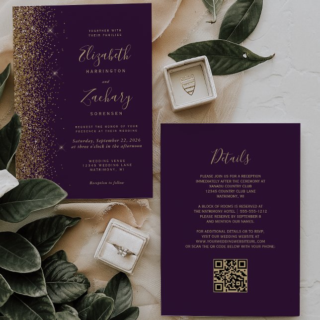 Invitación Boda con Código QR de Purpurina Dorada Falsa Morad (Subido por el creador)