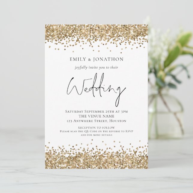 Invitación Boda con código QR de purpurina dorada moderna (Anverso de pie)