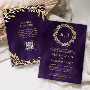 Invitación Boda con código QR de rama de hoja de oro púrpura 