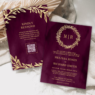 Invitación Boda con código QR de rama de hoja dorada de cirue