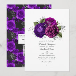 Invitación Boda con código QR de respuesta RSVP floral púrpur