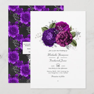 Invitación Boda con código QR de respuesta RSVP floral púrpur
