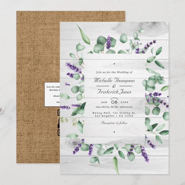 Invitación Boda con código QR de respuesta RSVP rústico de la (Anverso / Reverso)
