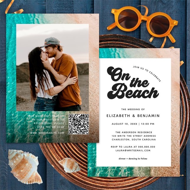 Invitación Boda con código QR de tipografía en la playa (Front/Back)