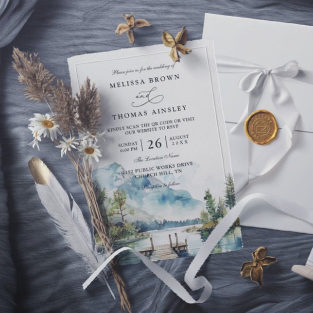 Invitación Boda con código QR del bosque de acuarela del lago (Subido por el creador)