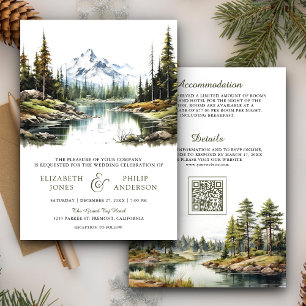 Invitación Boda con código QR del lago del bosque de montaña 