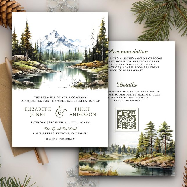 Invitación Boda con código QR del lago del bosque de montaña  (Subido por el creador)