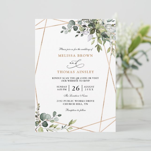Invitación Boda con código QR económico de eucalipto con vege (Anverso de pie)