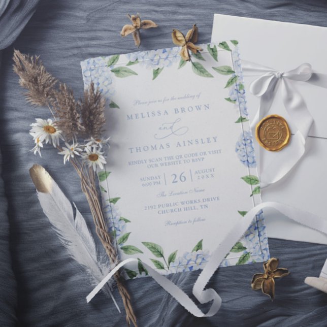 Invitación Boda con código QR elegante con borde de hortensia (Subido por el creador)