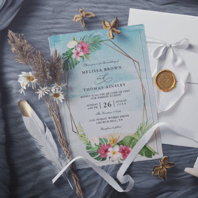 Invitación Boda con código QR elegante de flores tropicales d (Subido por el creador)