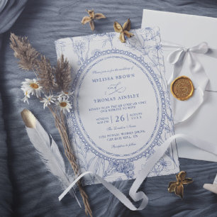 Invitación Boda con código QR elegante y chic azul vintage ec