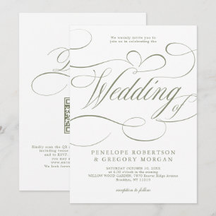 Invitación Boda con código QR en caligrafía moderna verde sal
