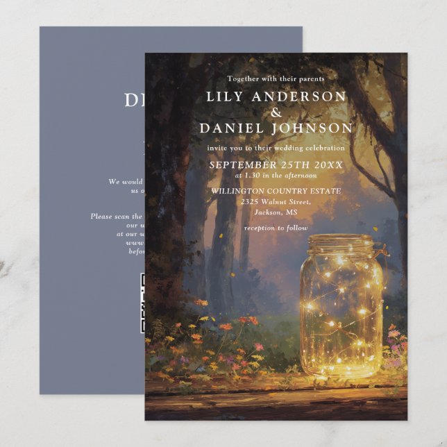 Invitación Boda con código QR en tarro de mason de bosque enc (Anverso / Reverso)
