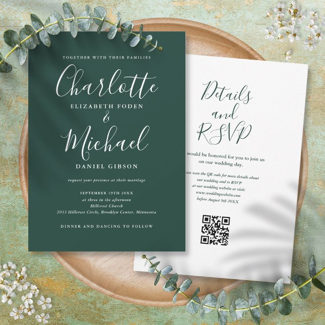 Invitación Boda con código QR en verde esmeralda con letra el (Elegant Script Emerald Green QR Code Wedding Invitation)