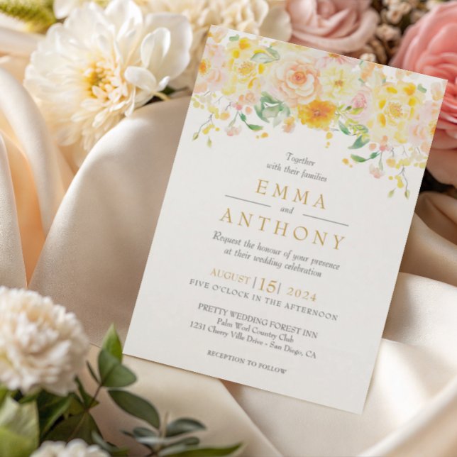 Invitación Boda con código QR floral amarillo mantequilla rom (Subido por el creador)
