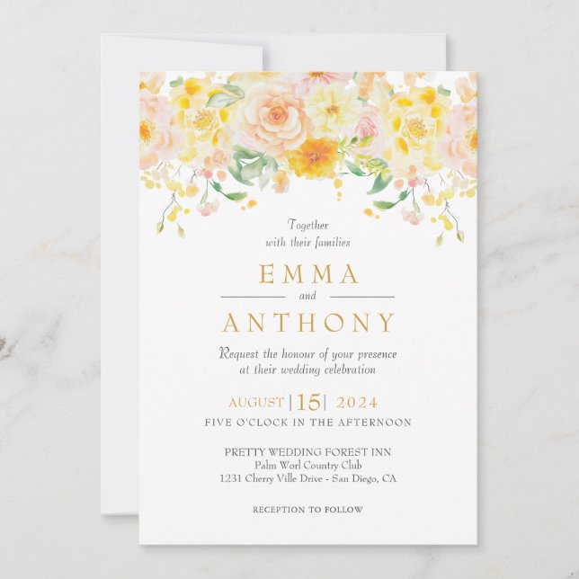 Invitación Boda con código QR floral amarillo mantequilla rom (Anverso)