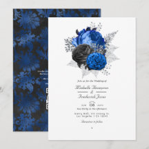 Boda con código QR floral azul real, negro y plata