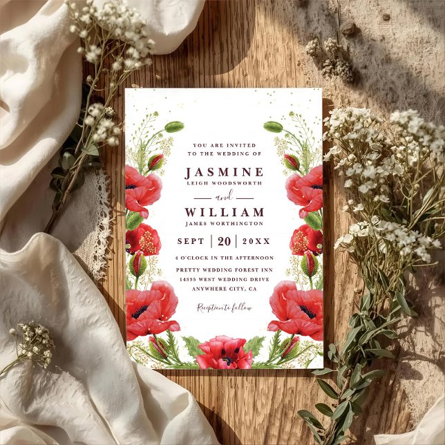 Invitación Boda con código QR floral chic de amapolas rojas c (Subido por el creador)