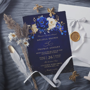 Invitación Boda con código QR floral chic de azul real blanco