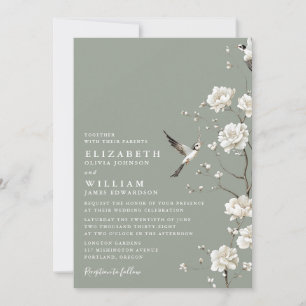 Invitación Boda con código QR floral de chinoiserie verde sal