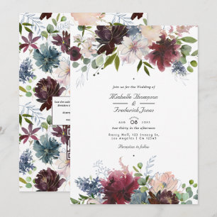 Invitación Boda con código QR floral de color burdeos, azul m