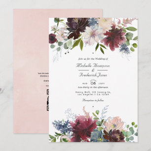 Invitación Boda con código QR floral de color burdeos, azul m