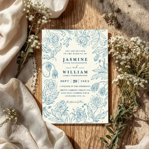 Invitación Boda con código QR floral dibujado en línea azul v