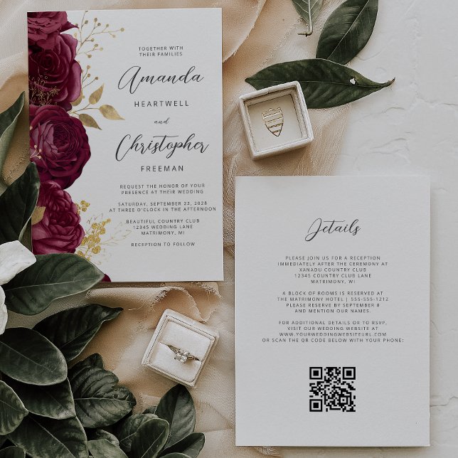 Invitación Boda con Código QR Floral Dorado Borgoña (Subido por el creador)