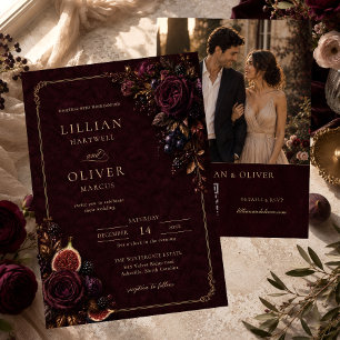 Invitación Boda con código QR floral dorado de terciopelo bor