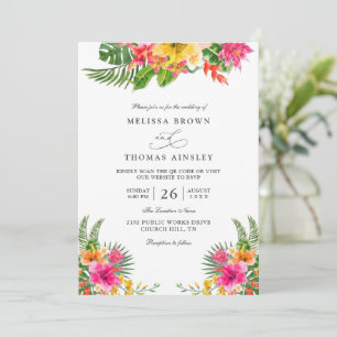 Invitación Boda con Código QR Floral Elegante de Hibisco Trop