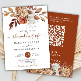 Invitación Boda con código QR floral en acuarela de otoño