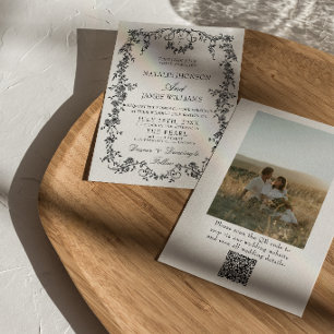 Invitación Boda con código QR floral en blanco y negro