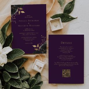 Invitación Boda con Código QR Floral Negro Romántico Dorado P
