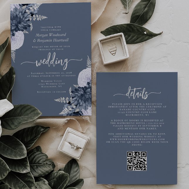 Invitación Boda con código QR floral plateado azul polvorient (Subido por el creador)