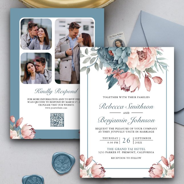 Invitación Boda con código QR floral polvoriento azul y rosa (Subido por el creador)
