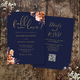 Invitación Boda con código QR floral rústico azul marino y do