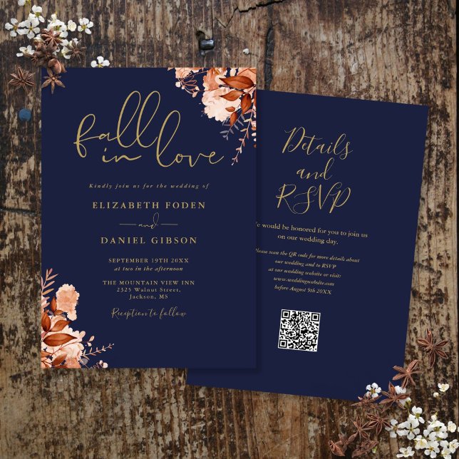 Invitación Boda con código QR floral rústico azul marino y do (Navy Blue And Gold Rustic Floral QR Code Wedding Invitation)