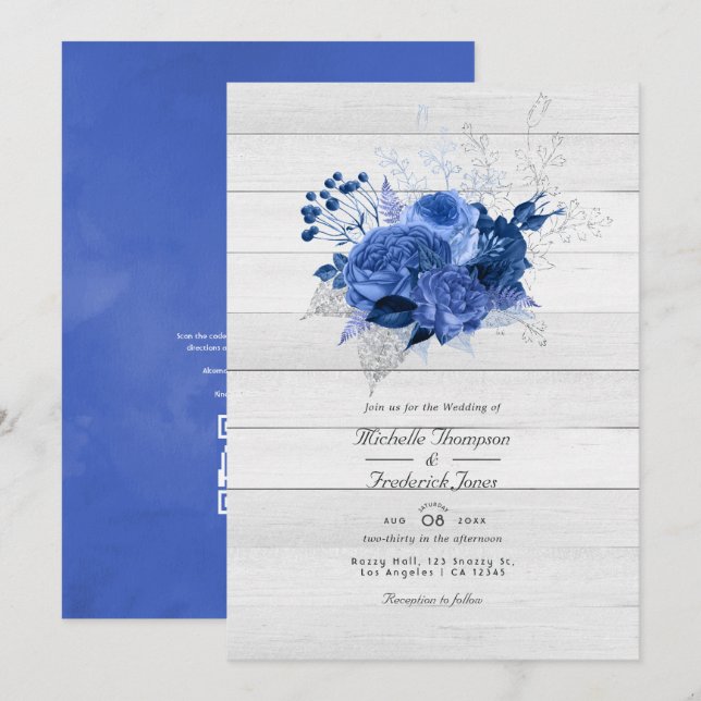 Invitación Boda con código QR floral rústico azul real y plat (Anverso / Reverso)