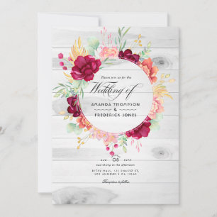 Invitación Boda con código QR floral rústico de borgoña y rub