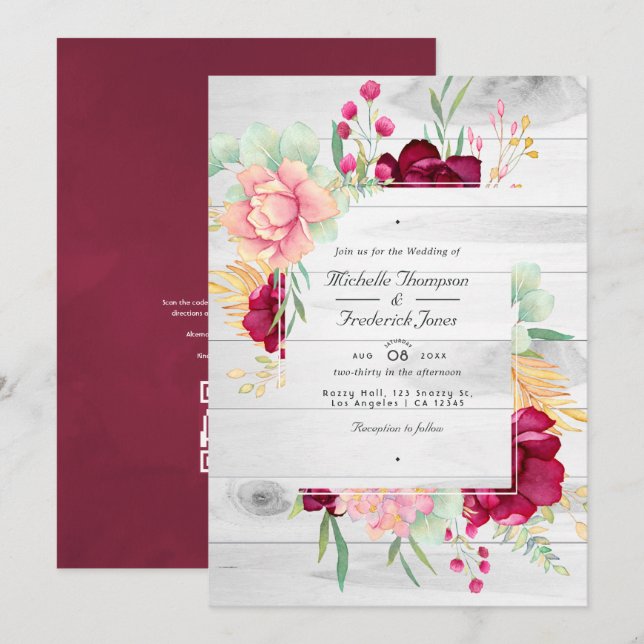 Invitación Boda con código QR floral rústico de borgoña y rub (Anverso / Reverso)