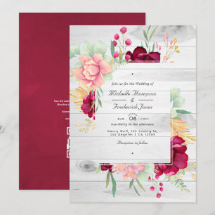 Invitación Boda con código QR floral rústico de borgoña y rub