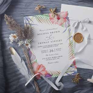 Invitación Boda con código QR floral tropical Luau hawaiano