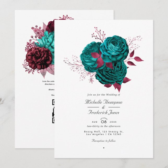 Invitación Boda con código QR floral turquesa y burgundy (Anverso / Reverso)