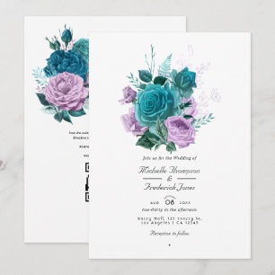 Invitación Boda con código QR floral turquesa y lavanda