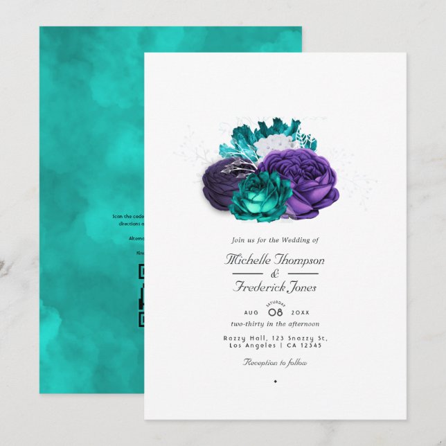 Invitación Boda con código QR floral turquesa y violeta rústi (Anverso / Reverso)