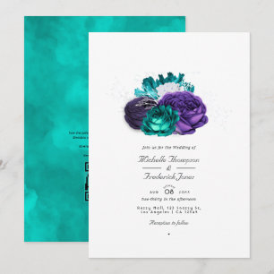 Invitación Boda con código QR floral turquesa y violeta rústi