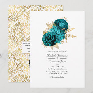 Invitación Boda con código QR floral vintage en turquesa y do
