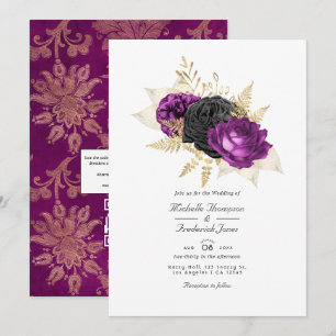 Invitación Boda con código QR floral vintage negro y púrpura