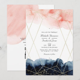 Invitación Boda con código QR geométrico acuarela en azul mar